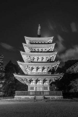 Night scenery of historical pagoda in Daigoji temple, Kyoto, Japanのeditorial素材