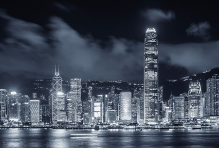 Night scenery of Victoria harbor of Hong Kong cityの写真素材