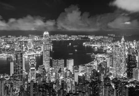 Night scenery of Victoria Harbor of Hong Kong cityの写真素材