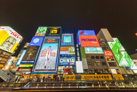 Osaka, Japan - April 13, 2016 : The Glico Man advertising billboard and other advertisemant in Dontonbori, Namba area, Osaka, Japan. Namba is now primary tourist destination.のeditorial素材