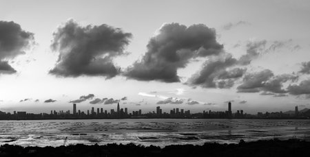 Skyline of Shenzhen city, China at dusk. Viewed from Hong Kong borderの写真素材
