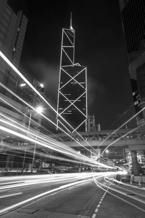Night Traffic in downtown of Hong Kong cityの写真素材