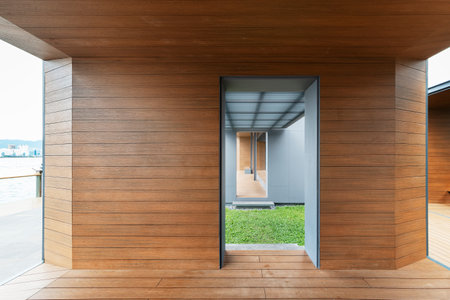 Entrance of modern building in concrete and woodの写真素材
