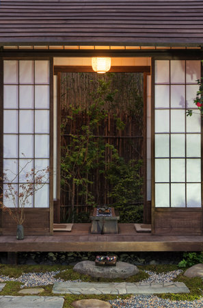 Traditional Japanese house with backyard flower garden. Oriental backgroundの写真素材