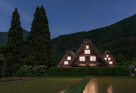 Idyllic landscape of historic village Shirakawa-go at night in Japan in Springtimeのeditorial素材