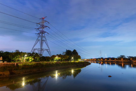 Row of power pylon and power lineの写真素材