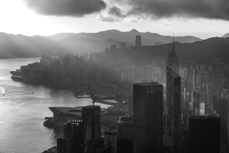 Sunrise over downtown district of Hong Kong city