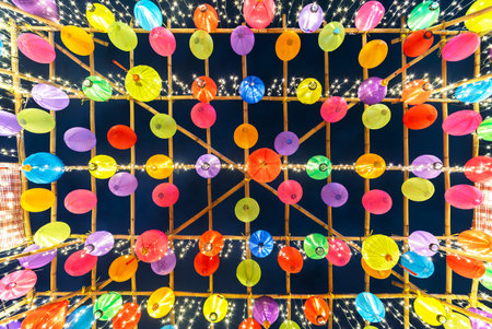 Tilt view of Chinese lantern on bamboo constructionの写真素材