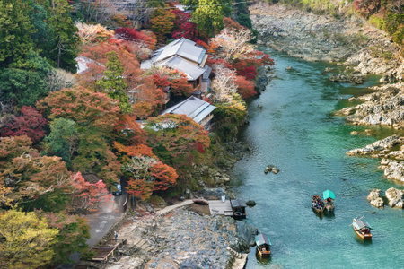idyllic landscape of Arashiyama, Kyoto, Japan in autumn seasonの写真素材