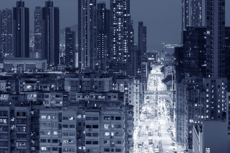 Night scenery of busy street in downtown district of Hong Kong cityの写真素材