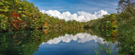 Idyllic landscape of Goshikinuma Lake in Fukushima, Japan in autumn seasonの写真素材