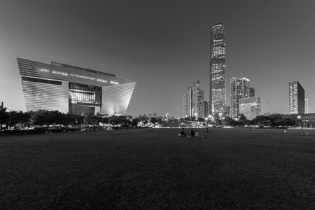 Scenery of West Kowloon Cultural District of Hong Kong city at duskの写真素材