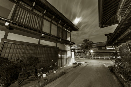 Night scene of old street of historical city Takayama, Japanの写真素材
