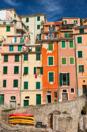 Colorful residential buildings in Riomaggiore, Cinque Terre, Liguria, Italy, Europe.の写真素材