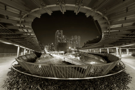 Night scenery of pedestrian walkway and traffic in Hong Kong cityのeditorial素材