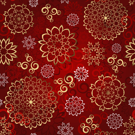 Christmas seamless pattern vector background  from multicolored snowflakes and shapes ornaments on red background for wrapping paper ,textile or cardのイラスト素材