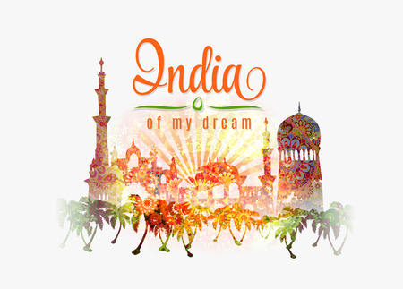 Illustration of India in saffron and green color splash floral background on traditional flag colors .のイラスト素材