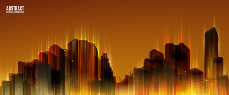 City Skylines. Orange night background. Panorama width. Lights.  Urban silhouette.のイラスト素材