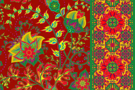 Set of vintage Seamless floral background and seamless border. Vector fantasy flowers pattern. Use to create fabric projects or design elements for scrap booking, greeting cards, textiles. Elegance illustration.のイラスト素材