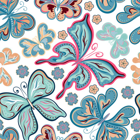 Seamless colorful butterfly pattern on white background. Vector illustration.のイラスト素材