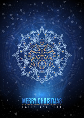 Merry christmas happy new year fancy gold and white winter snowflake shape in tribal style. Ideal for xmas card or elegant holiday party invitation. のイラスト素材