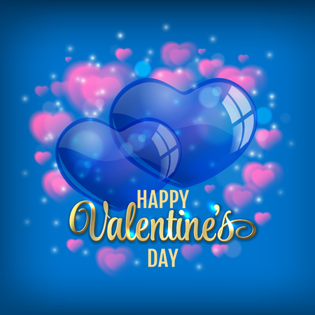 Valentine's day blue background with flying bubbles hearts. Vector illustration. Gold lettering.のイラスト素材