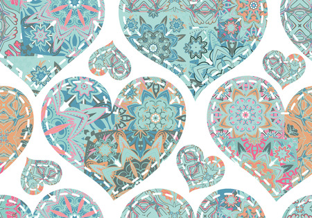 Seamless pattern with patcwork blue pastel hearts. Beautiful valentine background with vintage...