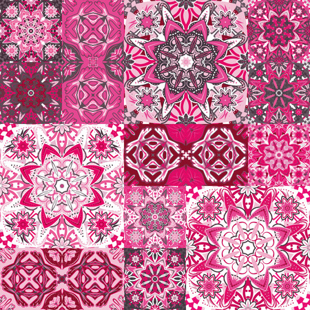 Large set of colorful vintage ceramic tiles with ornate Moroccan patterns. Backgrounds and textures shopのイラスト素材