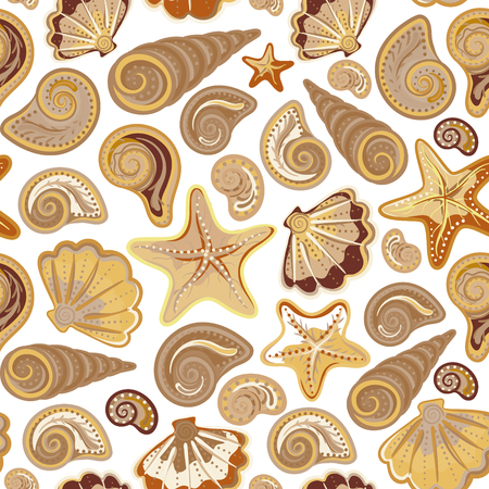 Graphic pattern with sand gold seashells and stars on white background. Hand drawing. Seamless for fabric design, gift wrapping paper and printing and web projects.のイラスト素材