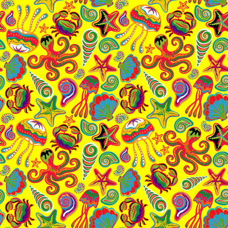 Vector seamless pattern of sea life, crabs, octopus, starfish, medusa, shells in bright colors. Beautiful seamless pattern. Vector backdrop. Use for wallpaper,pattern fills, web page background.のイラスト素材
