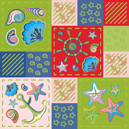 Nautical marine patchwork seamless pattern with shells, starfish, anchor and wheel. Patchwork background with sea life.のイラスト素材