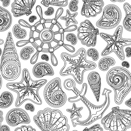 Sketch sea shells whell anchor starfish vector monochrome seamless hand draw pattern texture backgroundのイラスト素材