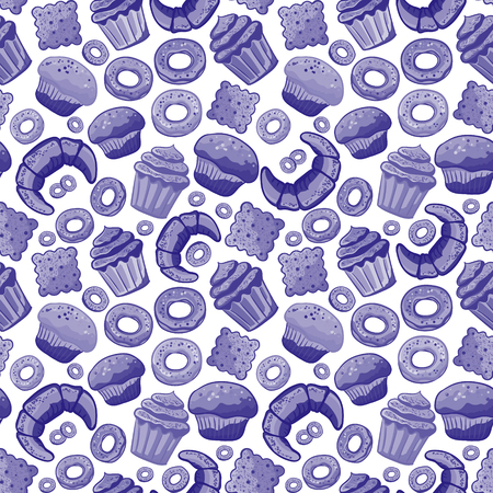 Cute seamless pattern with sweets and desserts, cupcake, ice cream, teapot. Doodle style vector. Baked goods, restaurant menu and tea party background.のイラスト素材