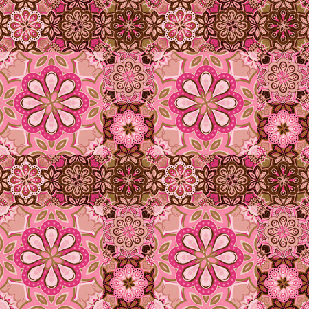 Gorgeous seamless  pattern from pink and brown Moroccan, Portuguese  tiles, Azulejo, ornaments. Can be used for wallpaper, pattern fills, web page background,surface textures.のイラスト素材