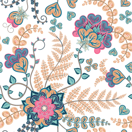 Fantasy flowers seamless hand drawing pattern. Floral ornament  on white background for fabric, textile, cards, wrapping paper, wallpaper template.Ornamental pastel motifのイラスト素材