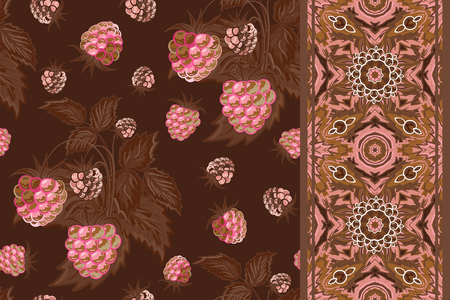Set of seamless background with pink raspberry, brown leaves on dark background and border (ribbon, tape, band, strip). Vector illustration.のイラスト素材