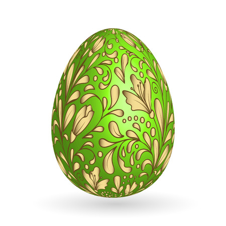 Vector illustration of  floral  easter egg on white background. Gold floral pattern on green egg.のイラスト素材