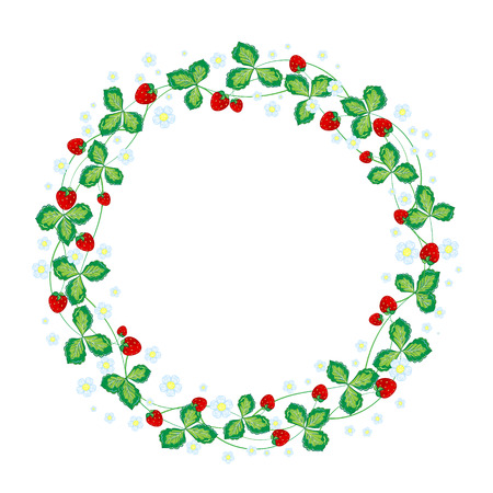 Beautiful vintage wreath of hand drawing flowers and strawberries and leavesのイラスト素材