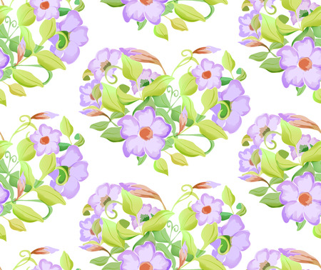 Seamless floral pattern with adenium, watercolor imitation. Vector illustration. Lilac flowers and light green leaves in heart.のイラスト素材