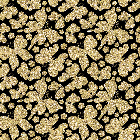background with butterflies. Gold sand in butterfly on black.のイラスト素材