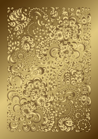 Flowers and Plants Gold Ornament. Hand drawing ornate pattern on golden backgroundのイラスト素材