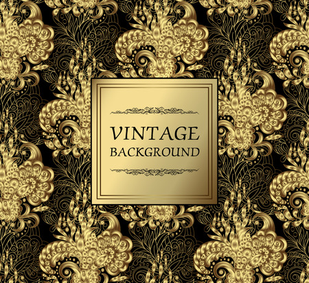 Luxury gold vintage background. Vector greeting card with gold floral ornament. Seamless pattern on back. Vector illustration. Gold on black.のイラスト素材