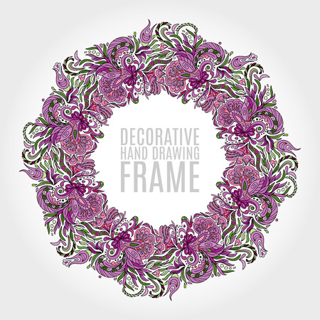 Round frame of flowers and some floral elements. Nice soft colors. Hand draw illustration. Greeting card.のイラスト素材