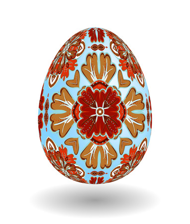 White Single Vector Easter Egg with Abstract Colorful Pattern - Beautiful Close Up Design with Smooth Shadow on the Ground. Gold brown ornament on blue egg.のイラスト素材