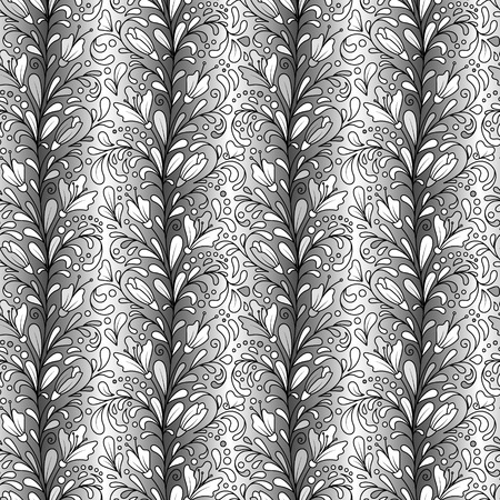 Colorful hand drawn vector seamless floral pattern with gray flowers and leaves on silver background. Doodle. Original striped pattern.のイラスト素材