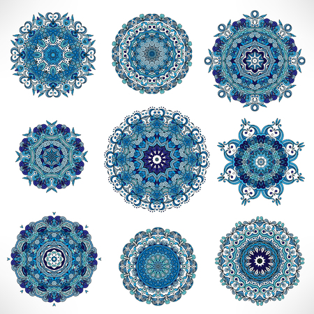Mandala. Vintage decorative elements set. Hand drawn background. Islam, Arabic, Indian, ottoman motifs. Blue colors.のイラスト素材