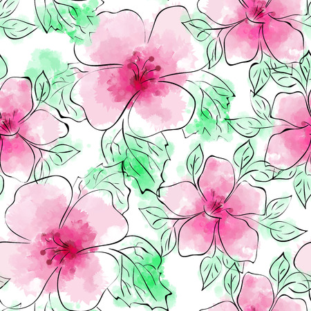 Vector Seamless Floral Hand-drawn Pattern. Flower pattern with pink flower on white background. Watercolor imitation and inkのイラスト素材