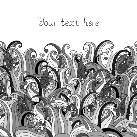 Doodle flower and grass seamless border pattern. May be used like an Invitation card design. Vector stock illustration. Black and whiteのイラスト素材