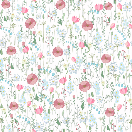 Vector vintage seamless floral pattern. Herbs and wild flowers. Botanical Illustration engraving style. Pastel pink blue green on white backgroundのイラスト素材