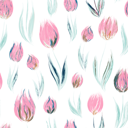 Spring seamless pattern with oil painted pink tulip flowers, design elements. Floral pattern for wedding invitations, greeting cards, scrapbooking, print, gift wrap, manufacturingのイラスト素材